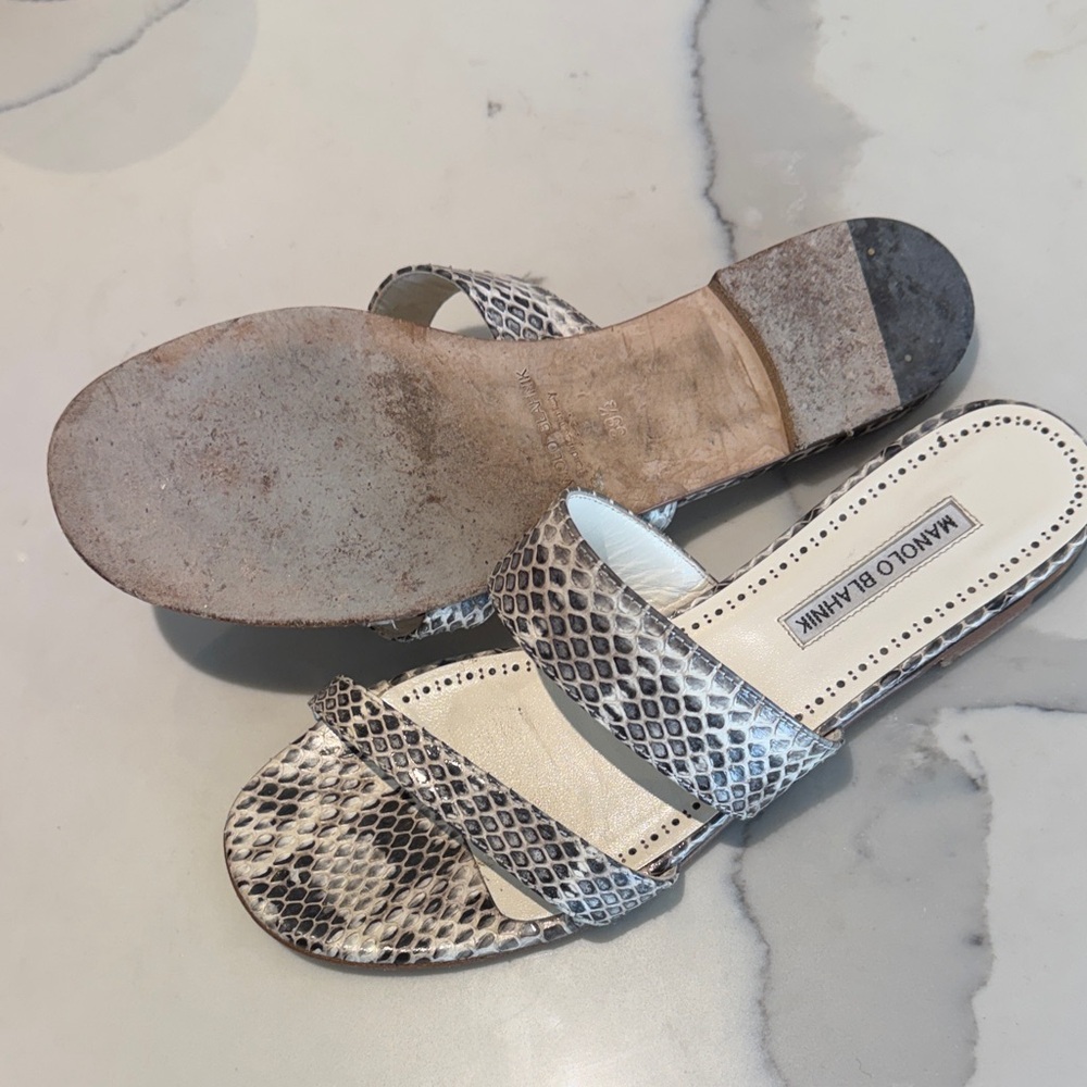 Manolo Blahnik Python Pattern Sandals - Black and… - image 5